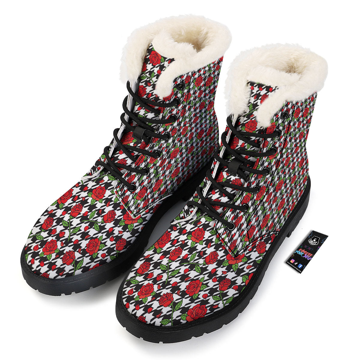 Houndstooth Red Roses Print Pattern Winter Boots-grizzshop