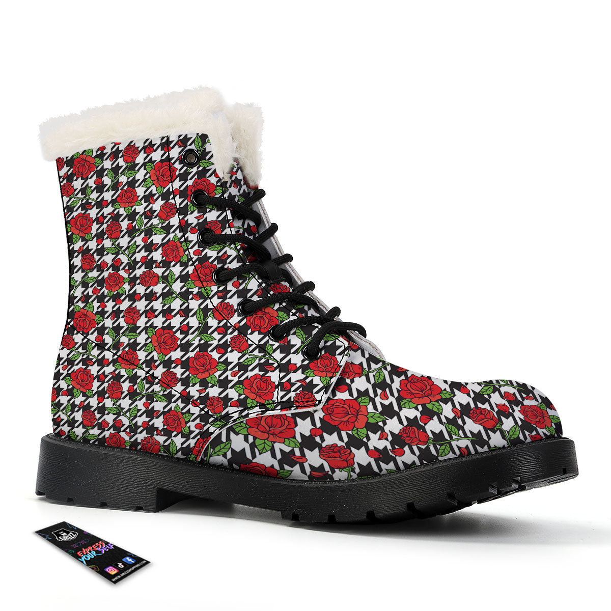 Houndstooth Red Roses Print Pattern Winter Boots-grizzshop