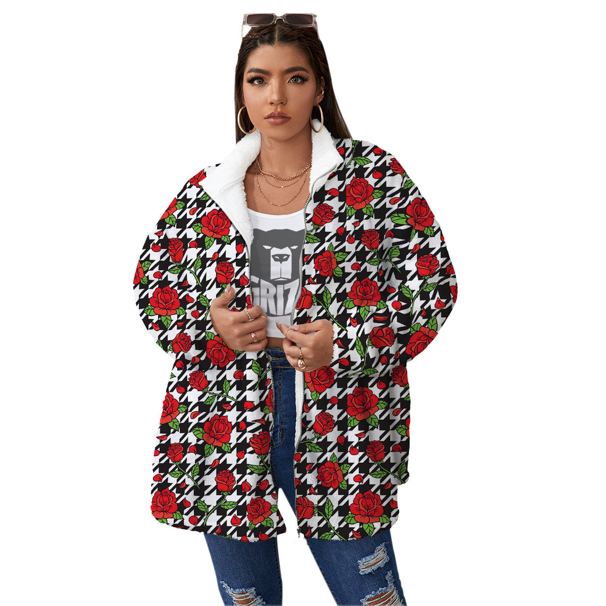 Houndstooth Red Roses Print Pattern Women's Sherpa Jacket-grizzshop