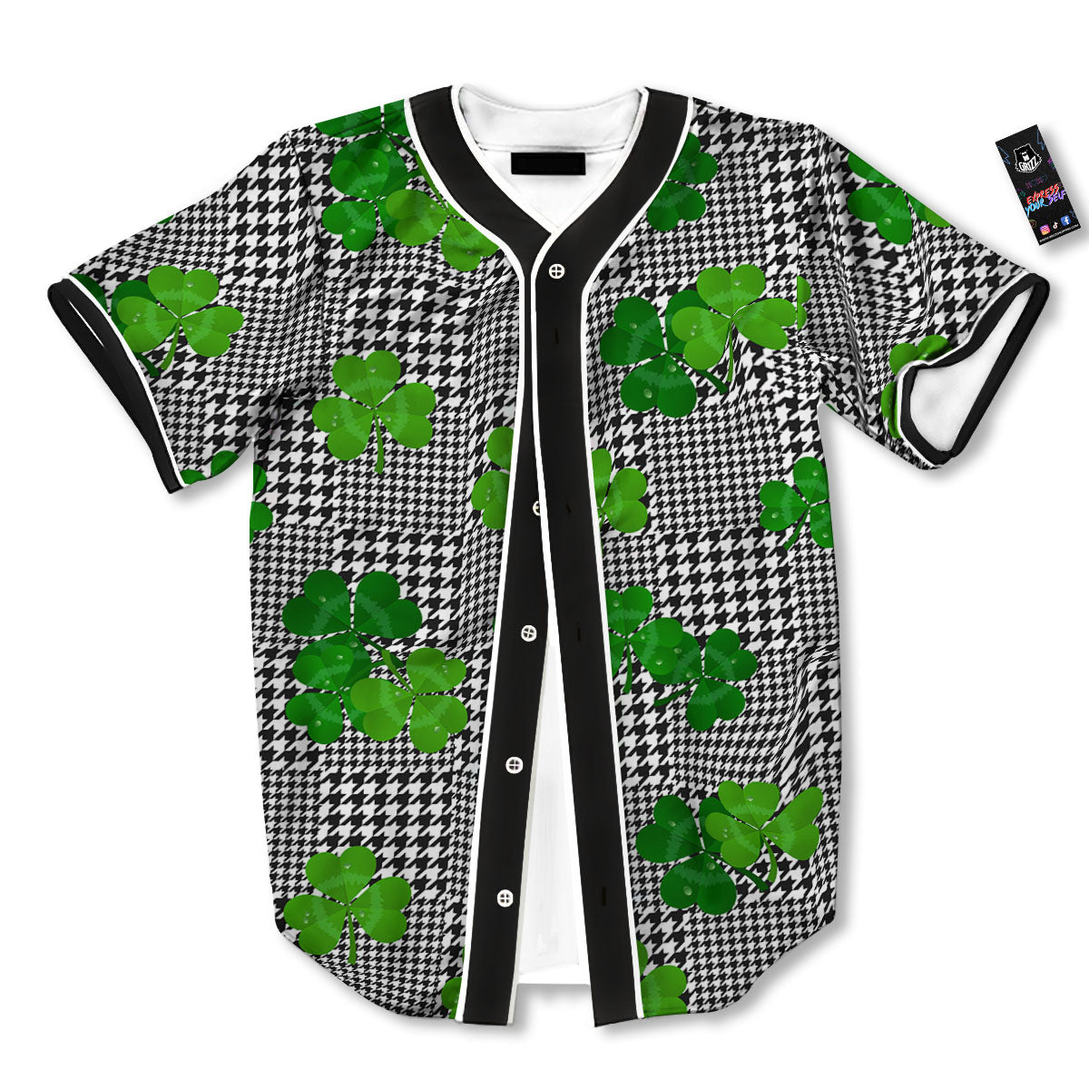 Houndstooth Shamrocks Print Pattern Baseball Jersey-grizzshop