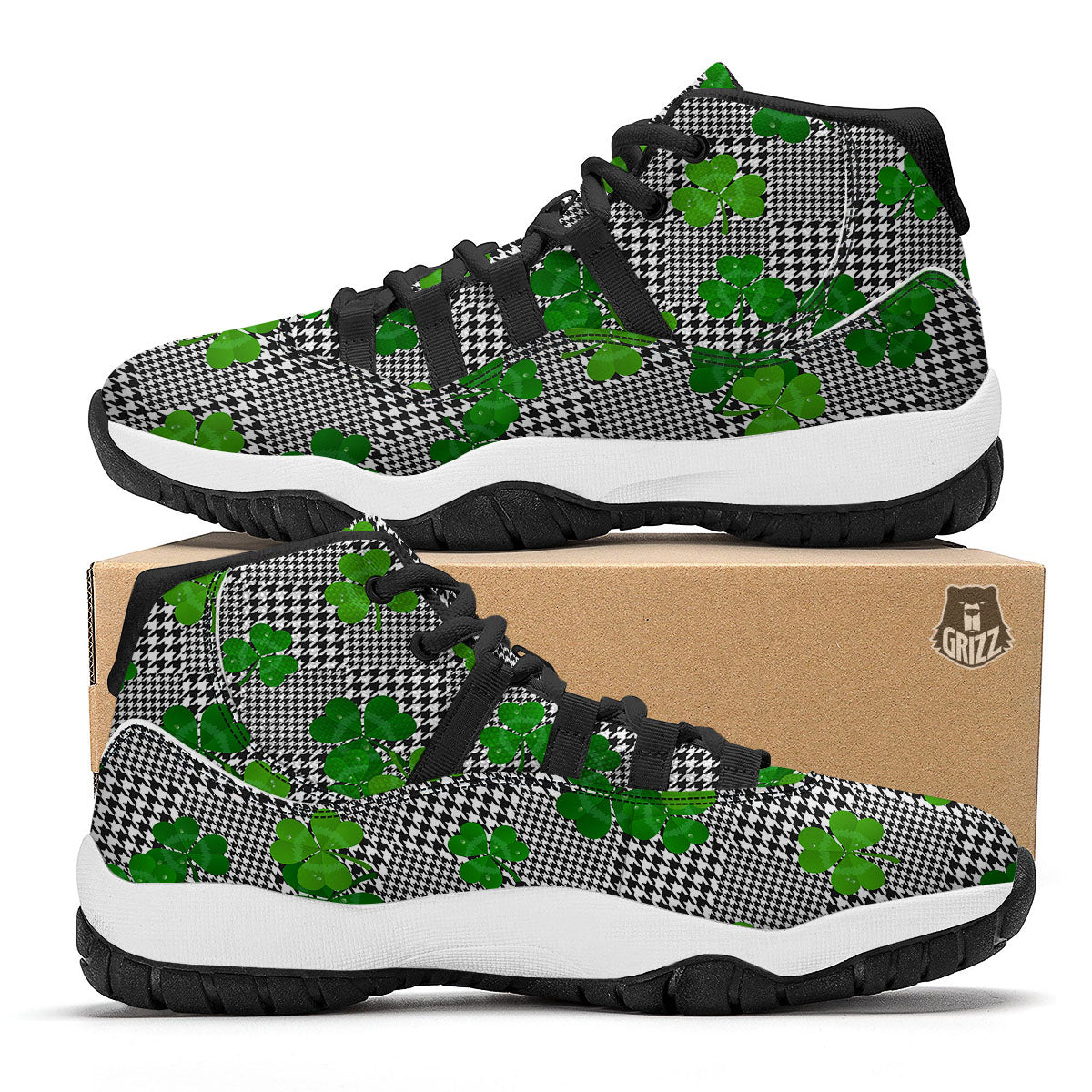 Houndstooth Shamrocks Print Pattern Black Bball Shoes-grizzshop