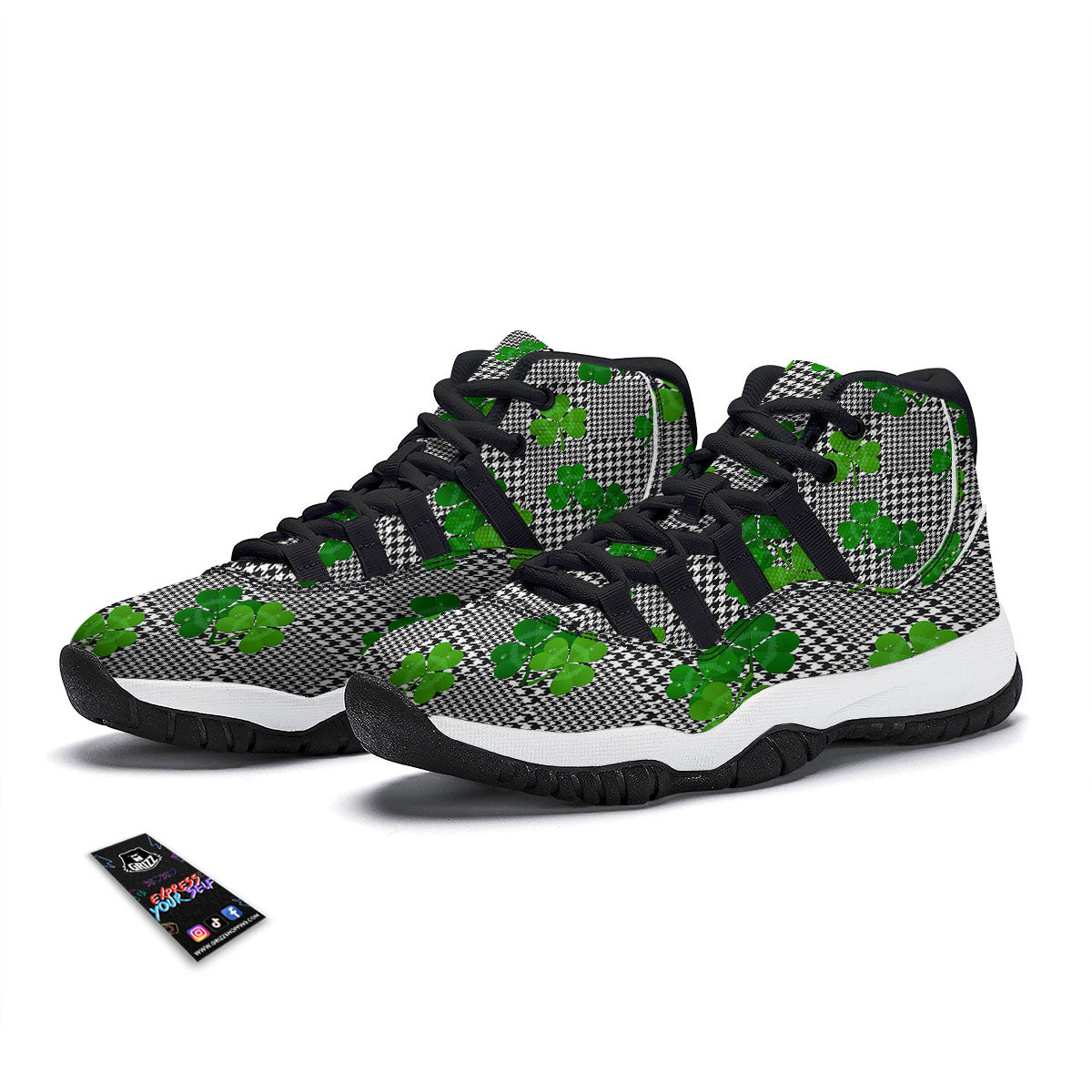 Houndstooth Shamrocks Print Pattern Black Bball Shoes-grizzshop