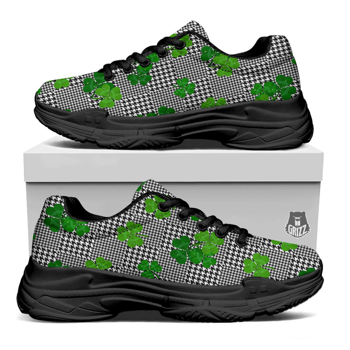 Houndstooth Shamrocks Print Pattern Black Chunky Shoes-grizzshop