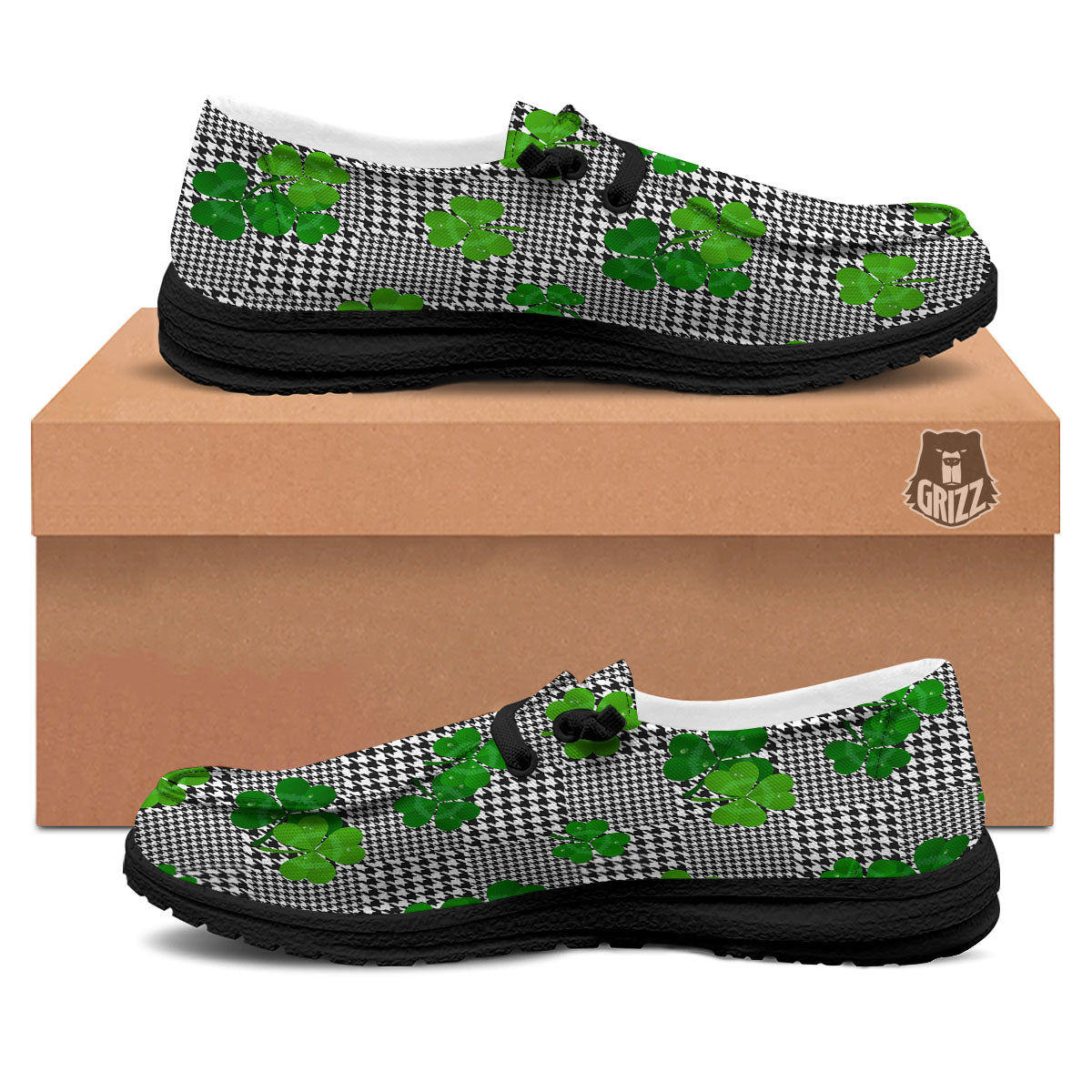 Houndstooth Shamrocks Print Pattern Black Loafers-grizzshop