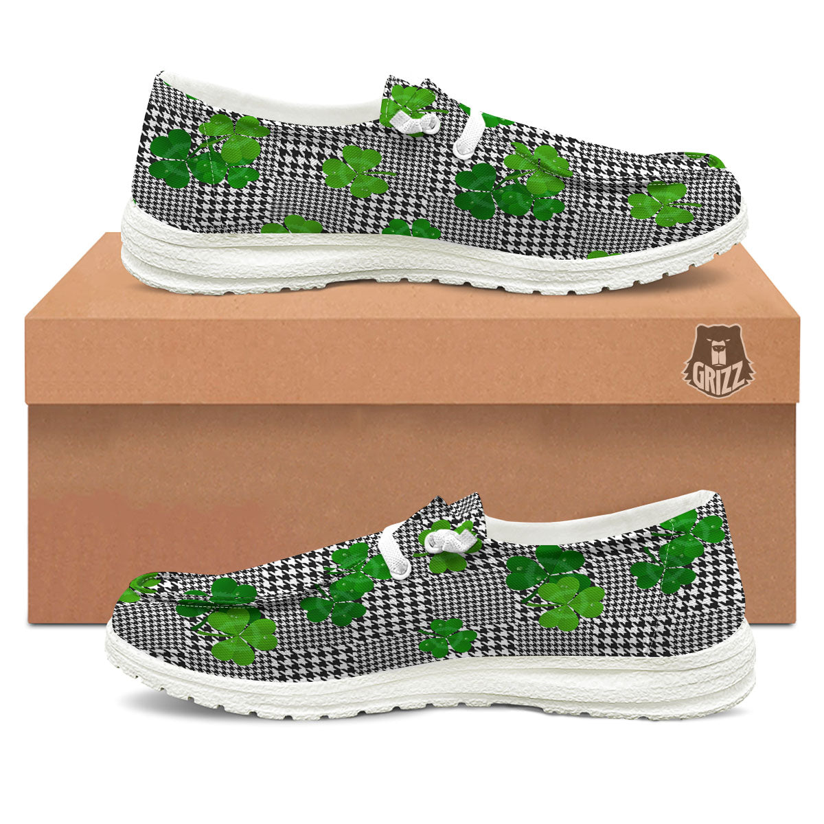 Houndstooth Shamrocks Print Pattern Black Loafers-grizzshop