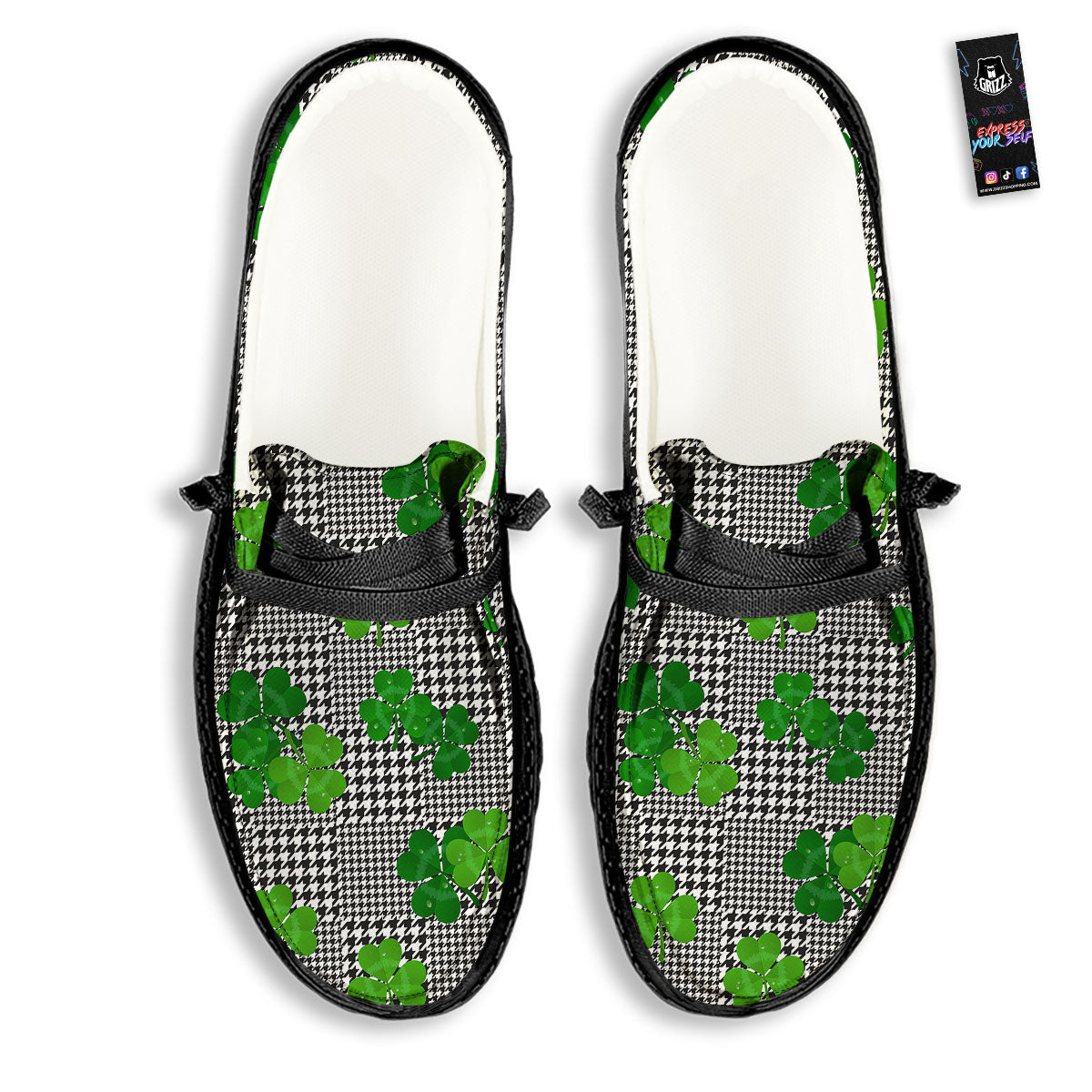 Houndstooth Shamrocks Print Pattern Black Loafers-grizzshop
