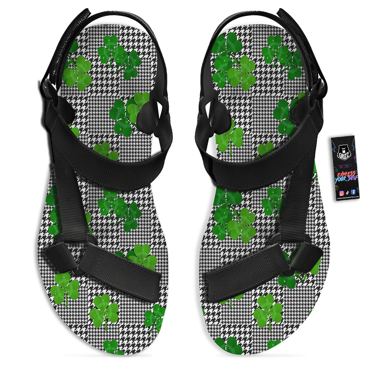 Houndstooth Shamrocks Print Pattern Black Open Toe Sandals-grizzshop