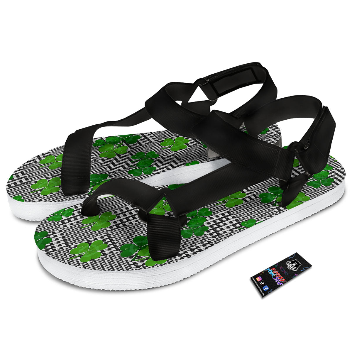 Houndstooth Shamrocks Print Pattern Black Open Toe Sandals-grizzshop