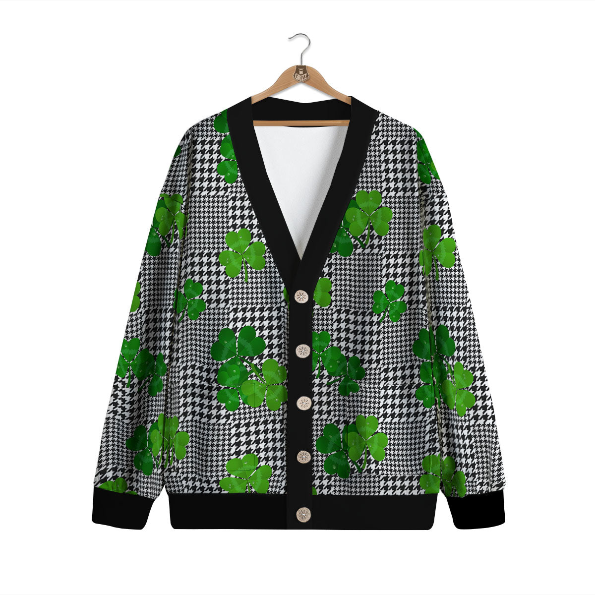 Houndstooth Shamrocks Print Pattern Cardigan-grizzshop