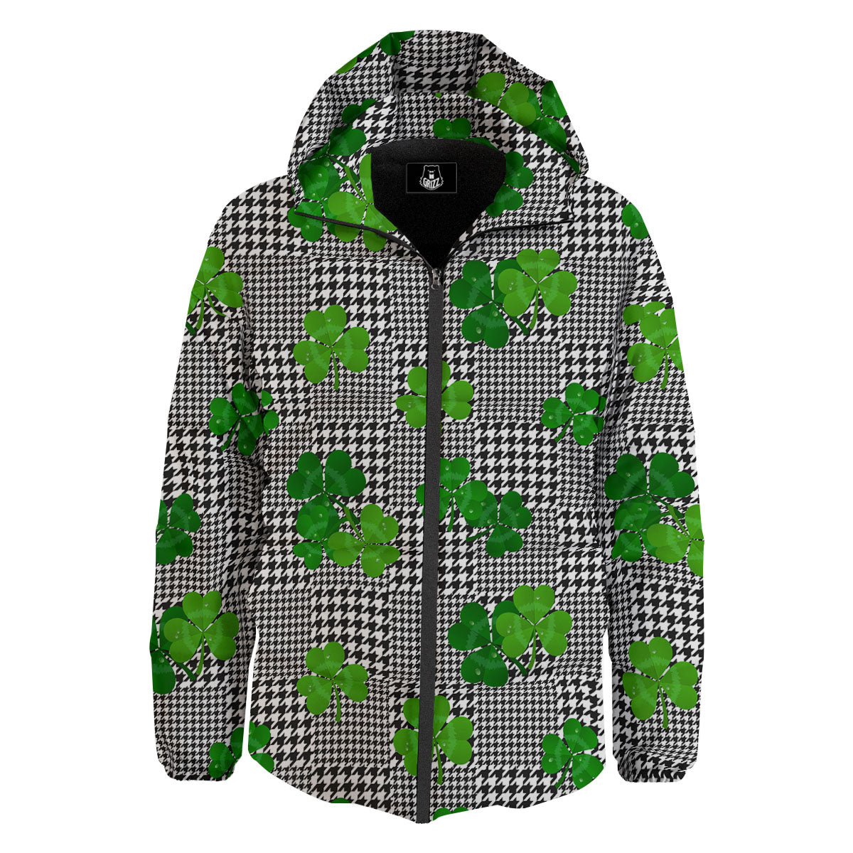 Houndstooth Shamrocks Print Pattern Down Jacket-grizzshop