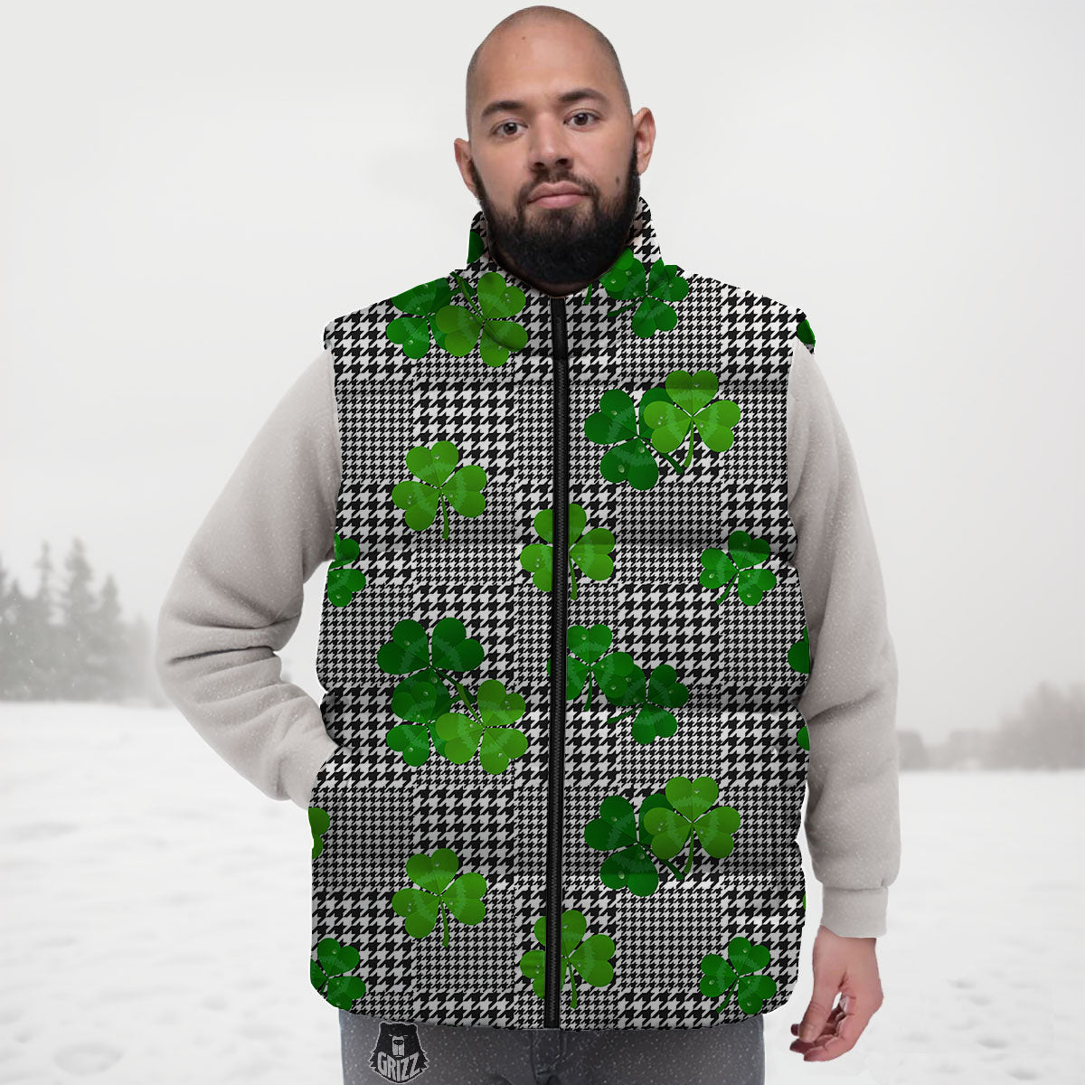 Houndstooth Shamrocks Print Pattern Down Vest