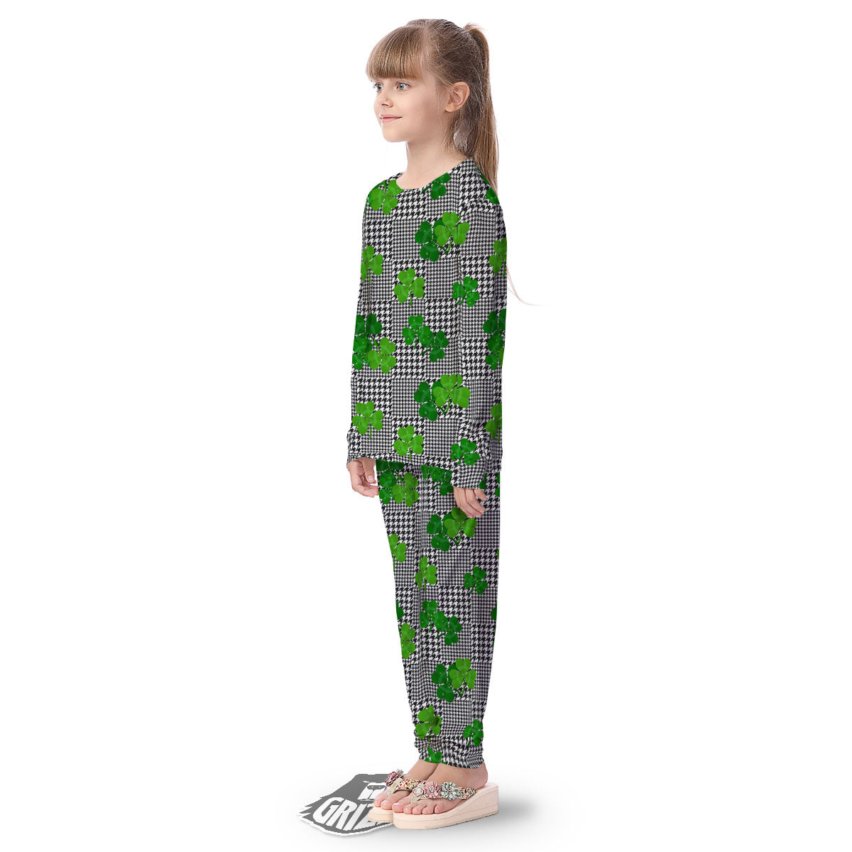Houndstooth Shamrocks Print Pattern Kid's Pajamas-grizzshop