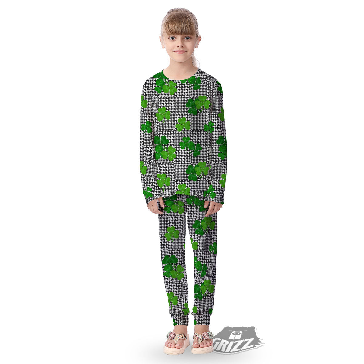 Houndstooth Shamrocks Print Pattern Kid's Pajamas-grizzshop