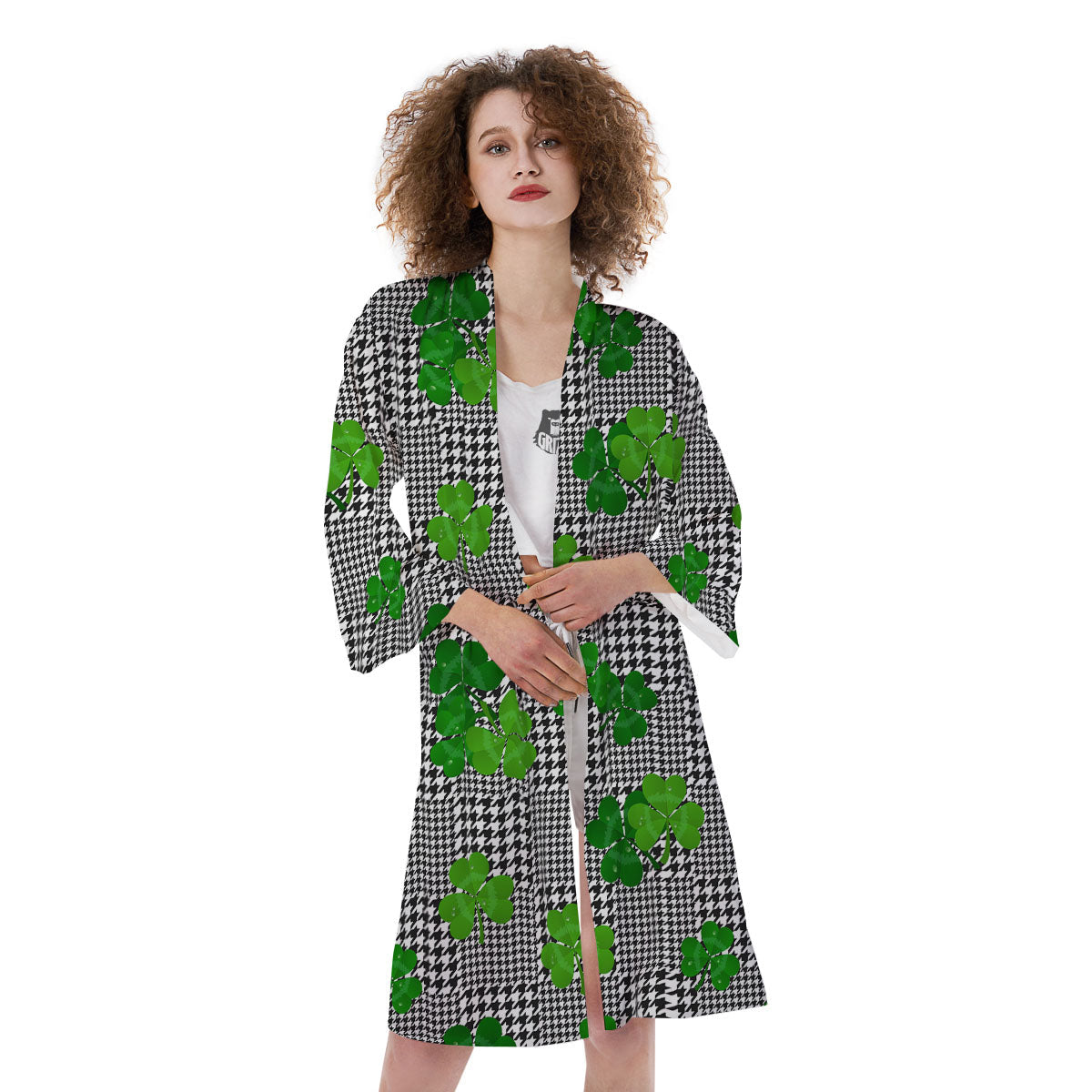 Houndstooth Shamrocks Print Pattern Kimono-grizzshop