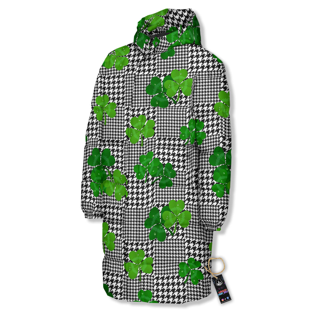 Houndstooth Shamrocks Print Pattern Long Down Jacket-grizzshop