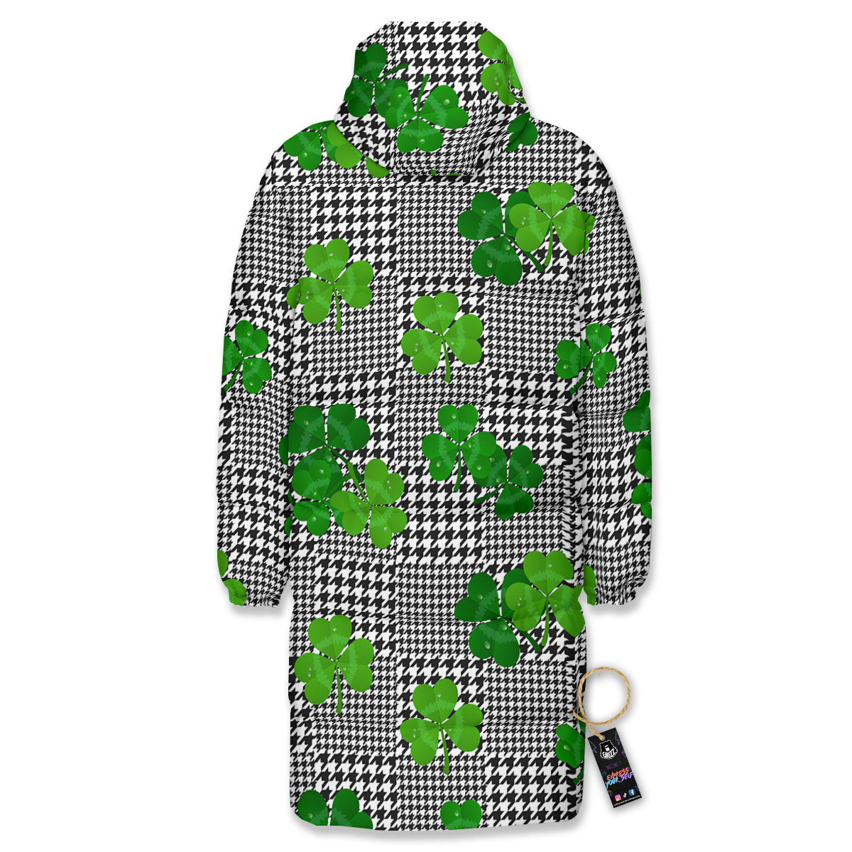 Houndstooth Shamrocks Print Pattern Long Down Jacket-grizzshop