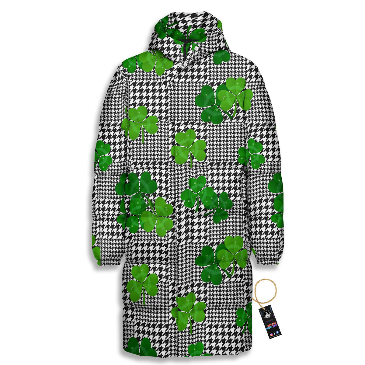 Houndstooth Shamrocks Print Pattern Long Down Jacket-grizzshop