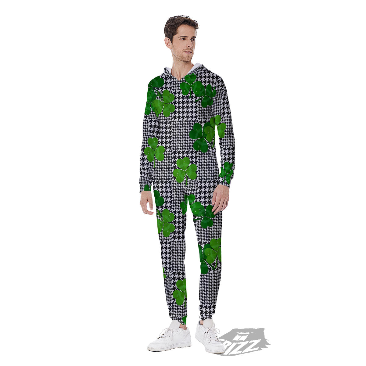 Houndstooth Shamrocks Print Pattern Men's Jumpsuit-grizzshop