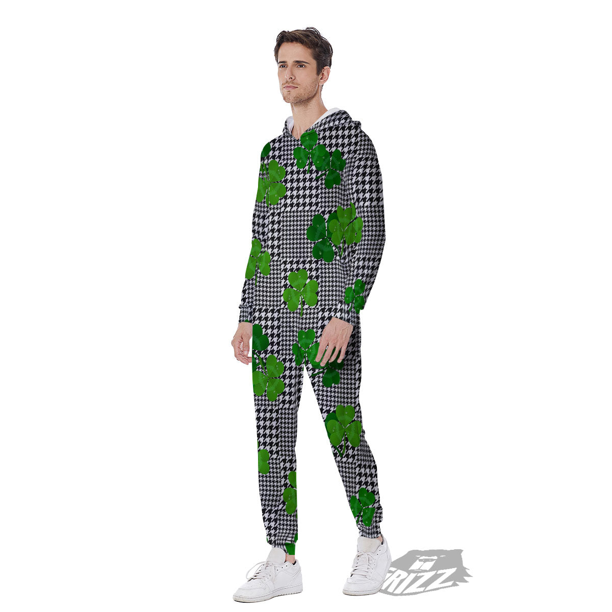 Houndstooth Shamrocks Print Pattern Men's Jumpsuit-grizzshop