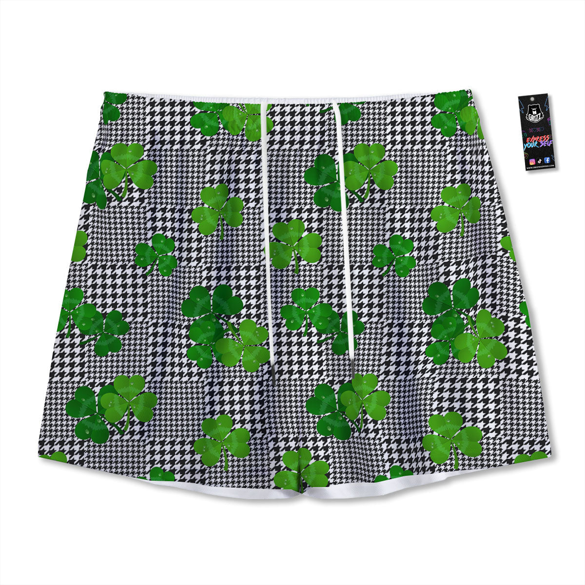 Houndstooth Shamrocks Print Pattern Mesh Shorts