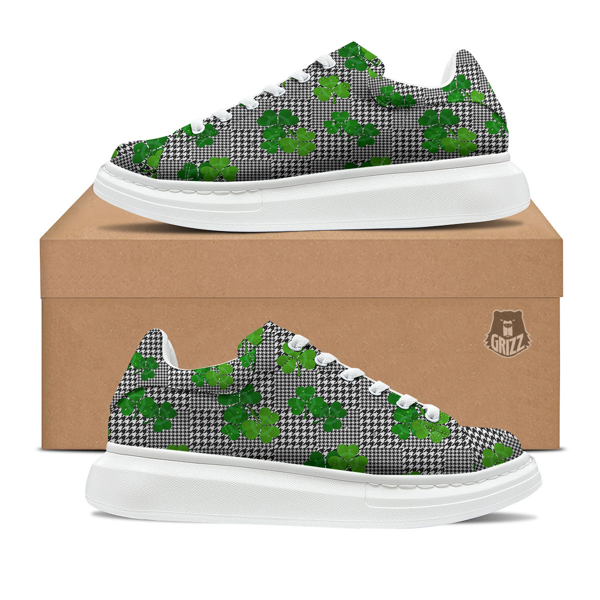 Houndstooth Shamrocks Print Pattern Platform Shoes-grizzshop