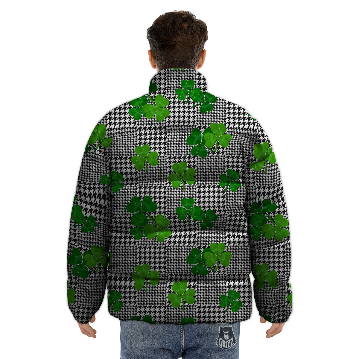 Houndstooth Shamrocks Print Pattern Puffer Jacket-grizzshop