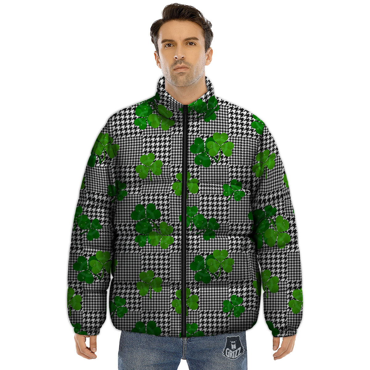Houndstooth Shamrocks Print Pattern Puffer Jacket-grizzshop