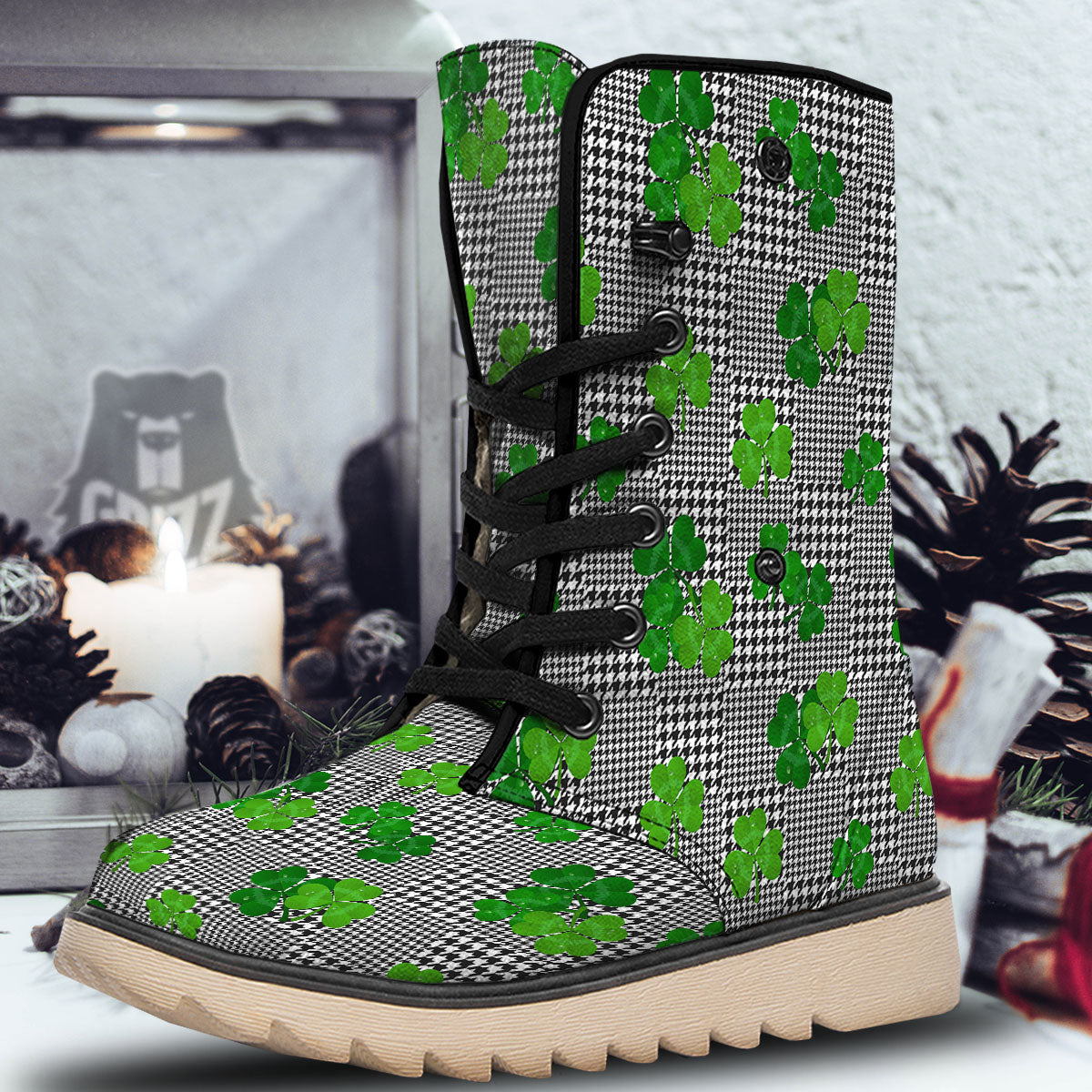 Houndstooth Shamrocks Print Pattern Snow Boots-grizzshop