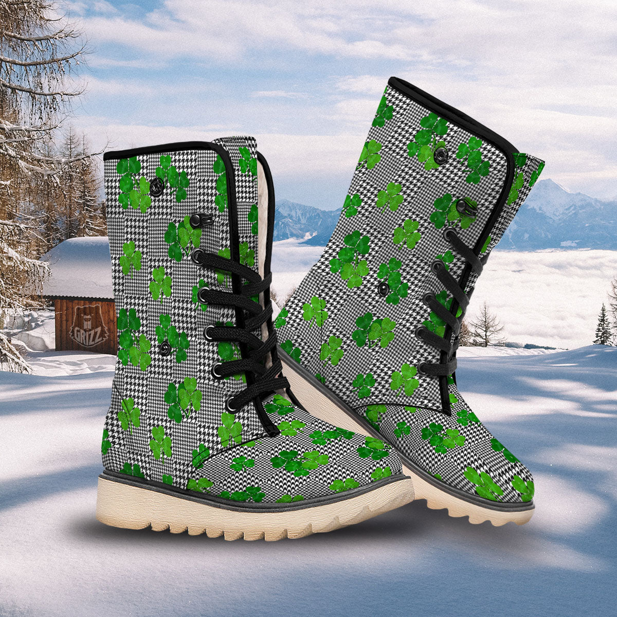 Houndstooth Shamrocks Print Pattern Snow Boots-grizzshop