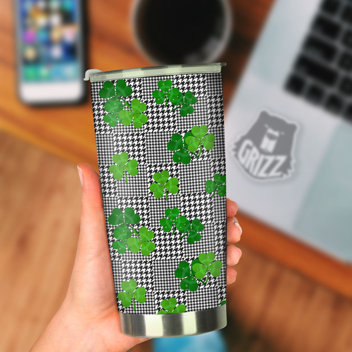 Houndstooth Shamrocks Print Pattern Tumbler-grizzshop