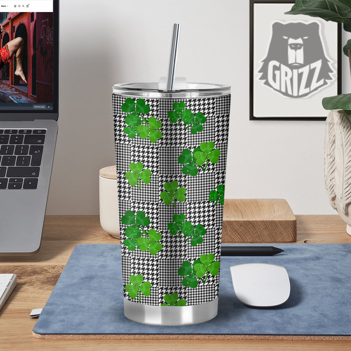 Houndstooth Shamrocks Print Pattern Tumbler-grizzshop