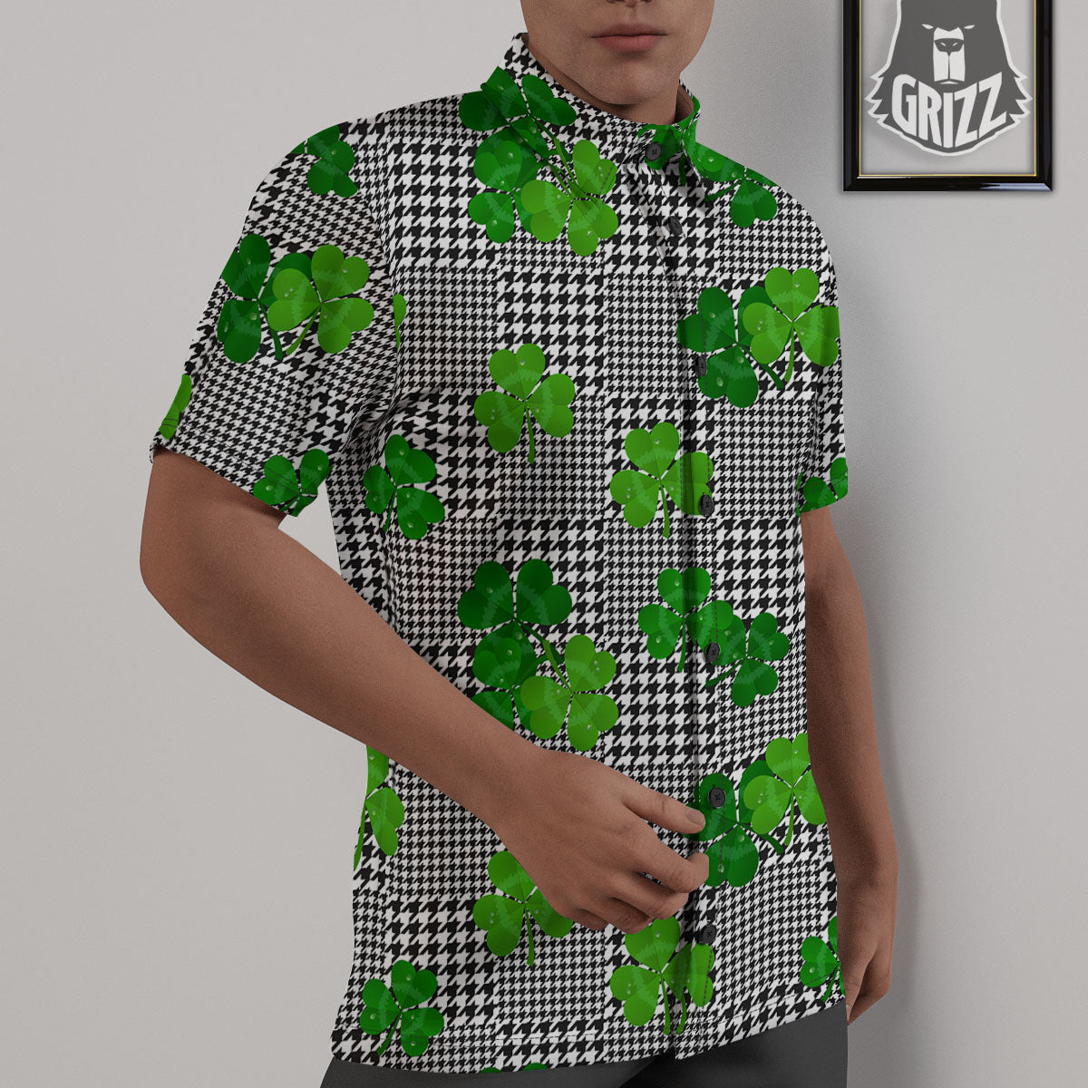 Houndstooth Shamrocks Print Pattern Untucked Shirts-grizzshop