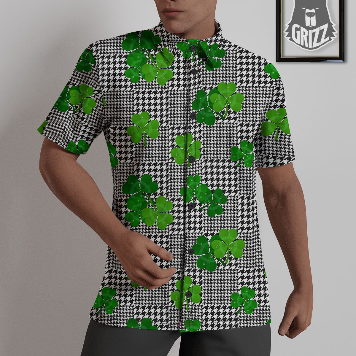 Houndstooth Shamrocks Print Pattern Untucked Shirts-grizzshop