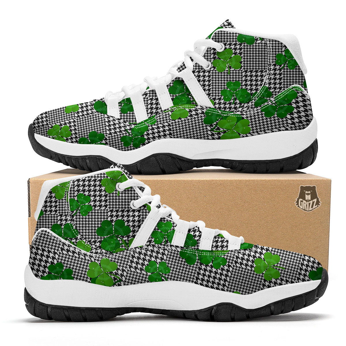 Houndstooth Shamrocks Print Pattern White Bball Shoes-grizzshop