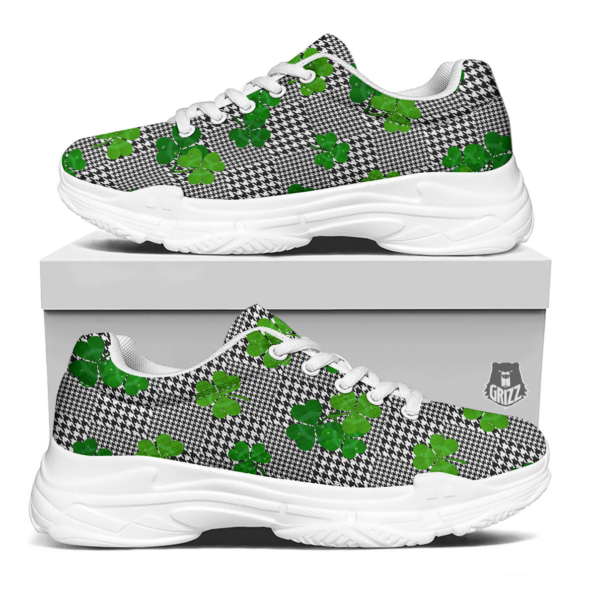 Houndstooth Shamrocks Print Pattern White Chunky Shoes-grizzshop