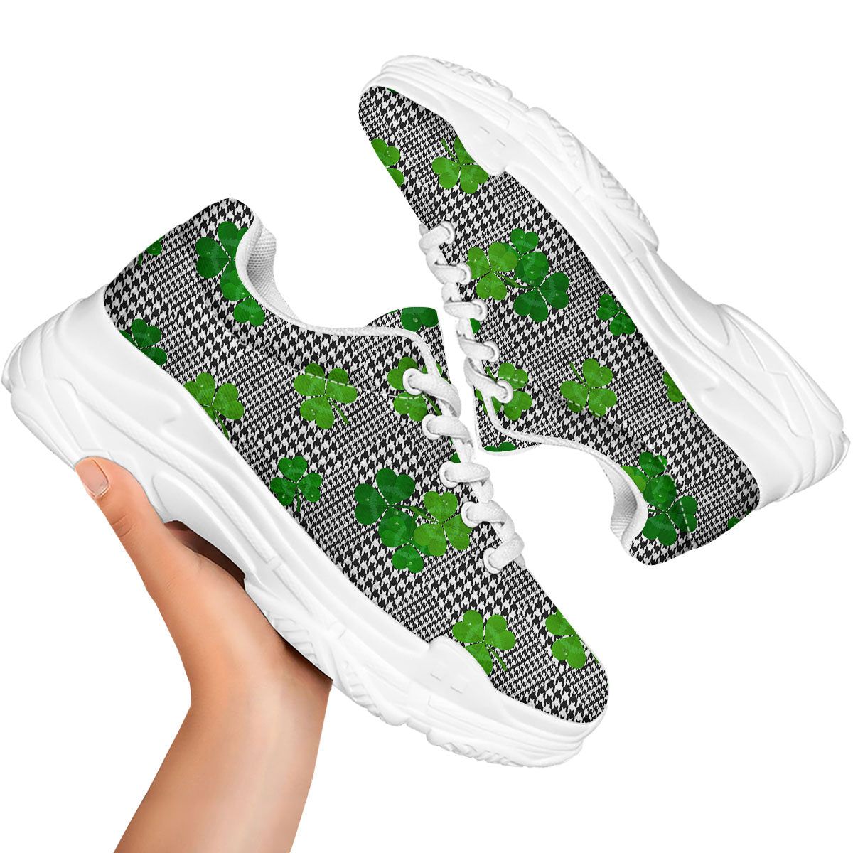 Houndstooth Shamrocks Print Pattern White Chunky Shoes-grizzshop
