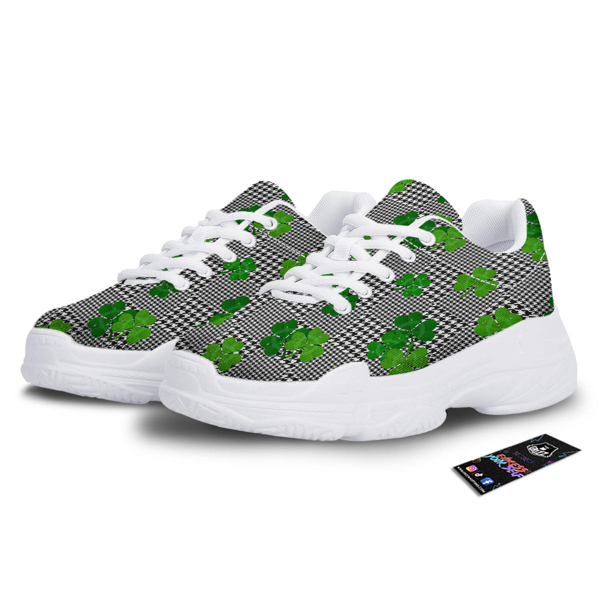 Houndstooth Shamrocks Print Pattern White Chunky Shoes-grizzshop