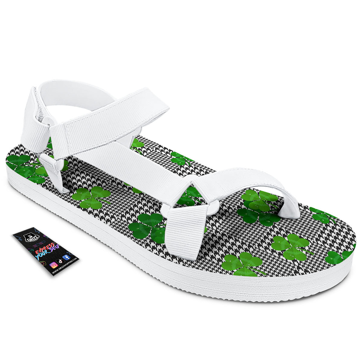 Houndstooth Shamrocks Print Pattern White Open Toe Sandals-grizzshop