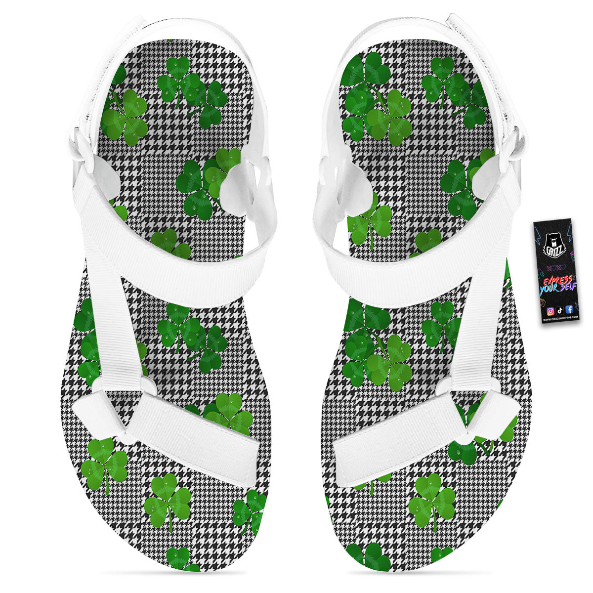 Houndstooth Shamrocks Print Pattern White Open Toe Sandals-grizzshop