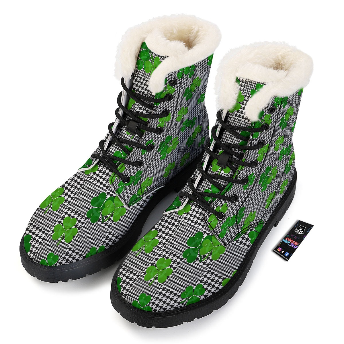 Houndstooth Shamrocks Print Pattern Winter Boots-grizzshop