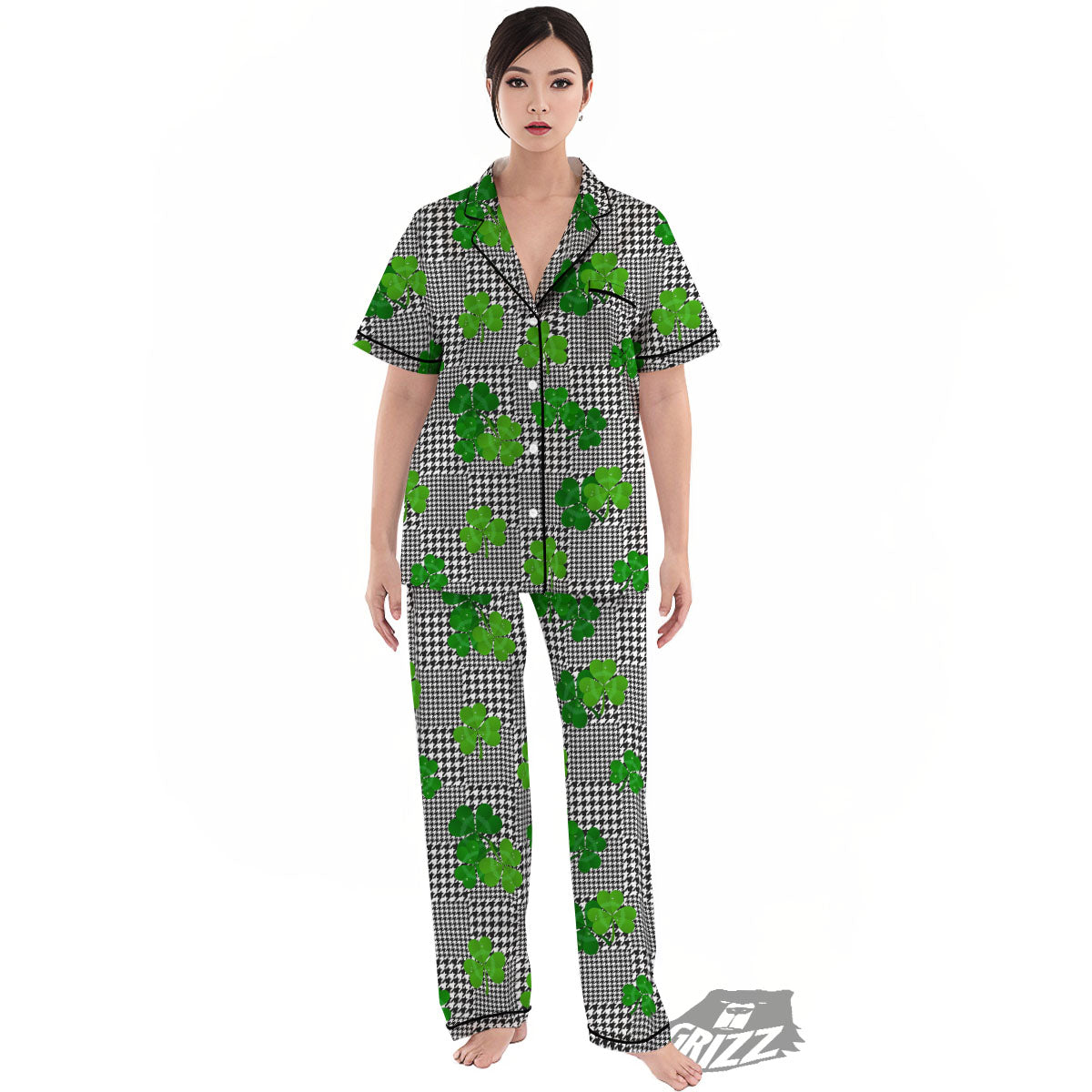 Houndstooth Shamrocks Print Pattern Women's Pajamas Set-grizzshop