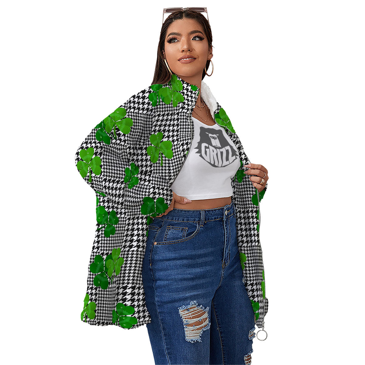 Houndstooth Shamrocks Print Pattern Women's Sherpa Jacket-grizzshop