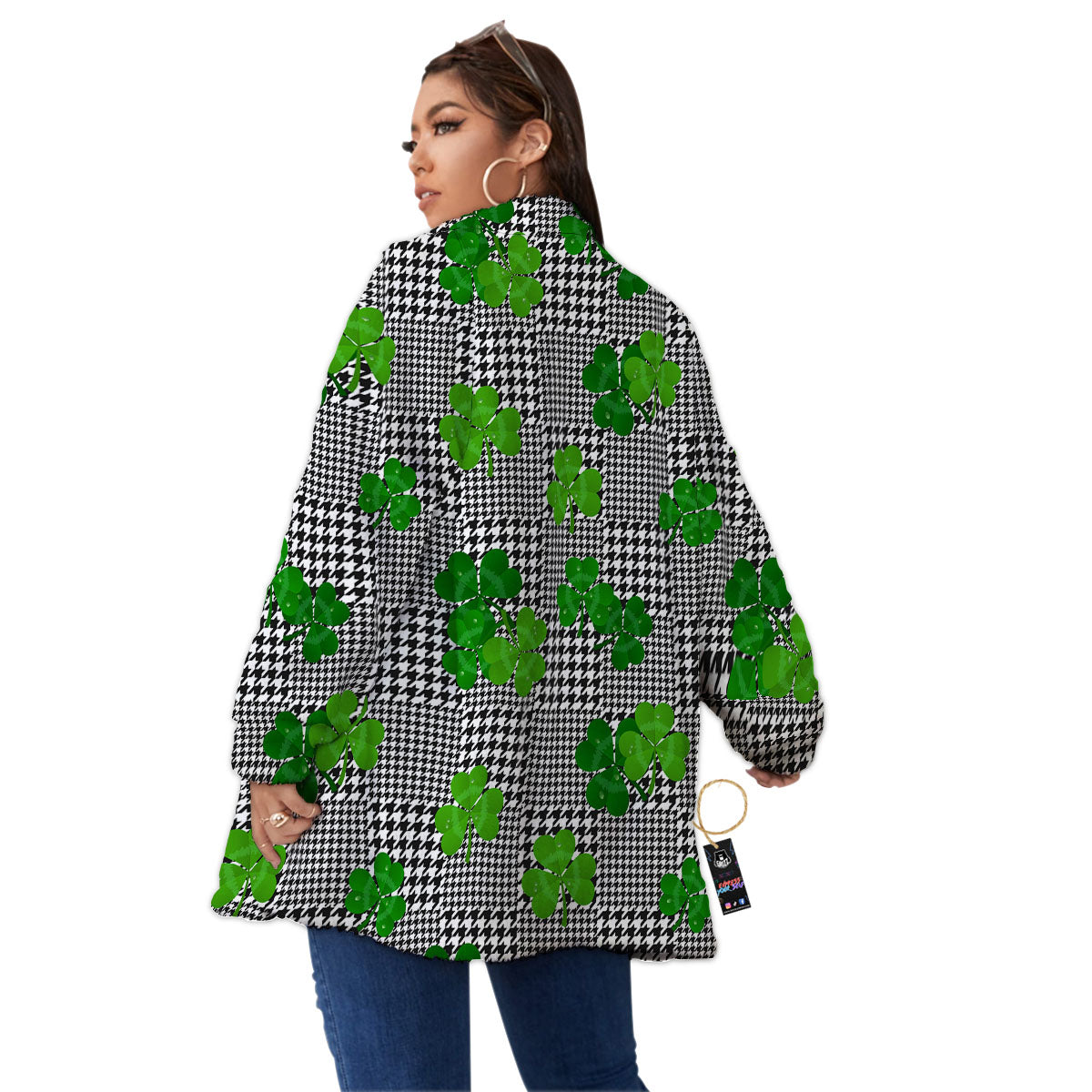 Houndstooth Shamrocks Print Pattern Women's Sherpa Jacket-grizzshop