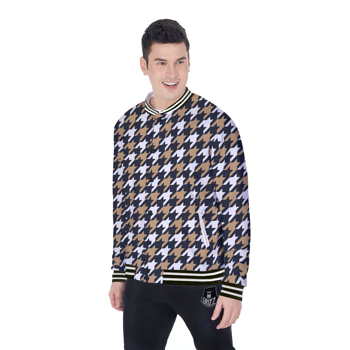 Houndstooth Tan And Brown Print Pattern Baseball Jacket-grizzshop