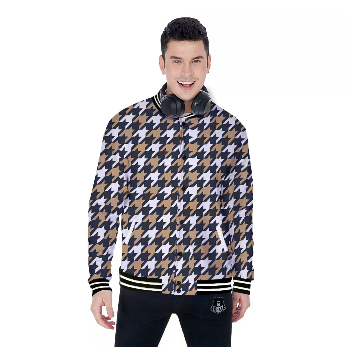Houndstooth Tan And Brown Print Pattern Baseball Jacket-grizzshop