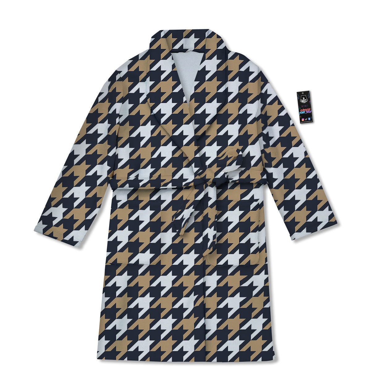 Houndstooth Tan And Brown Print Pattern Bathrobe-grizzshop