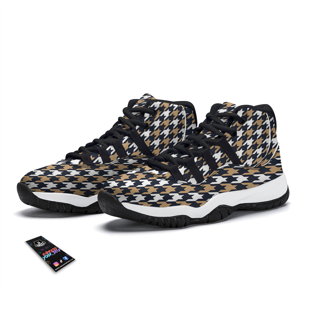 Houndstooth Tan And Brown Print Pattern Black Bball Shoes-grizzshop