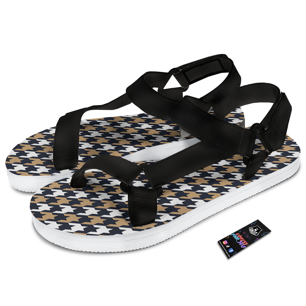 Houndstooth Tan And Brown Print Pattern Black Open Toe Sandals-grizzshop