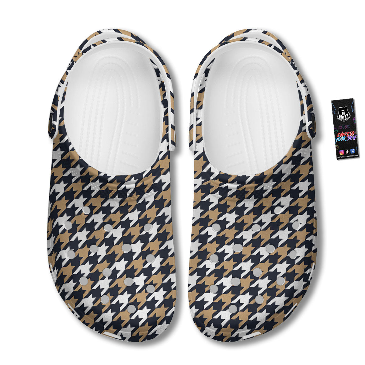 Houndstooth Tan And Brown Print Pattern Clog-grizzshop