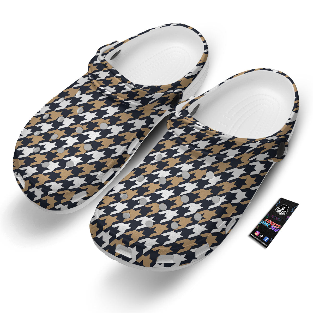 Houndstooth Tan And Brown Print Pattern Clog-grizzshop